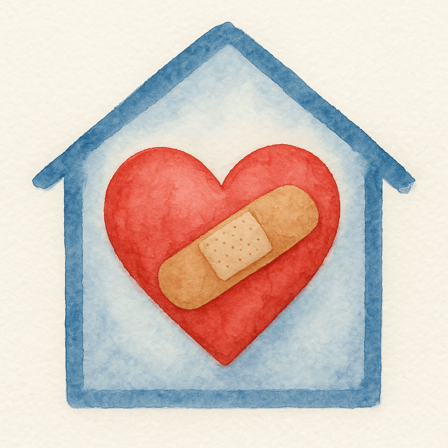 At heart within a solid home, a band-aid on the heart to help it heal.